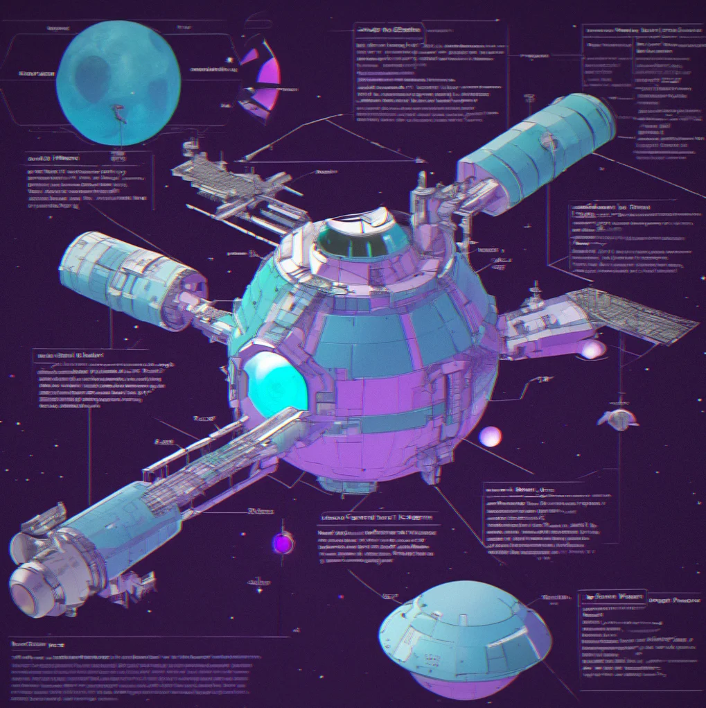 Orbital station schematic showing modular slots with extractor, refinery, storage and defense positions