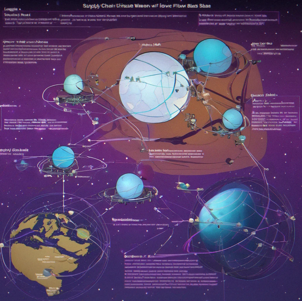 Supply chain visualization showing logistics routes between stations with flow indicators and choke points