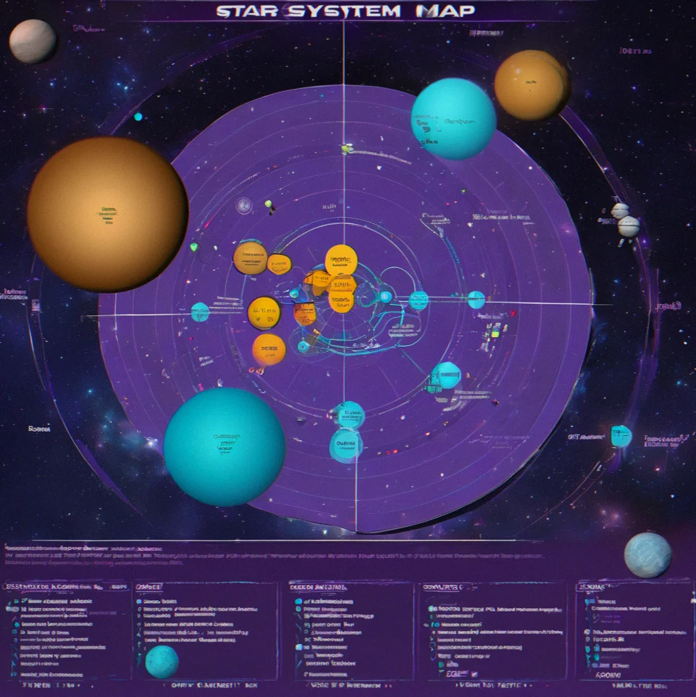 Star system map with resource clusters and orbtial positions marked out