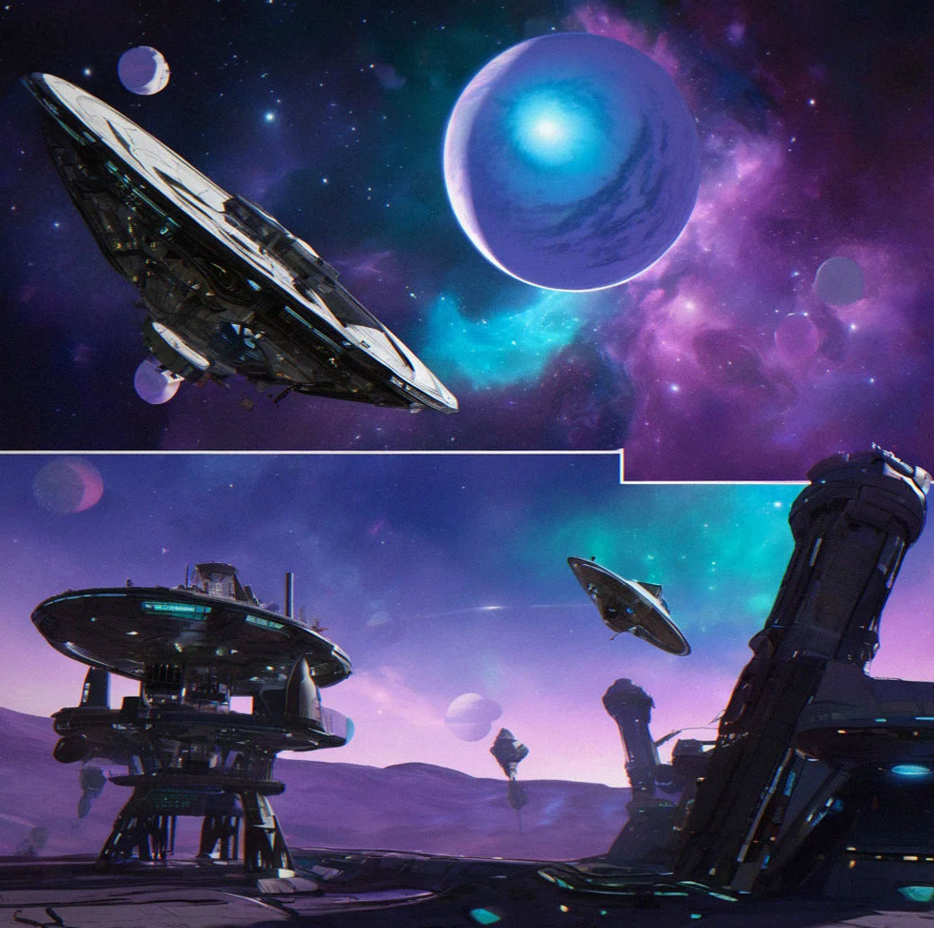 Orbital station broken into four modules—extractors, refinery, storage, defense