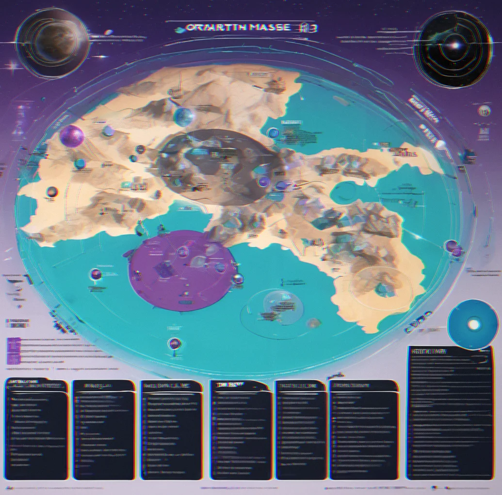 Map with faction territory, resource spots, and areas where control is still up for grabs across three clusters
