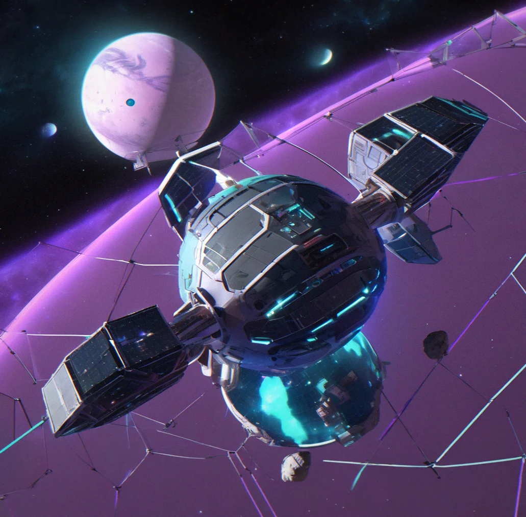 Overhead view of modular orbital station with interconnected resource nodes and defensive grid